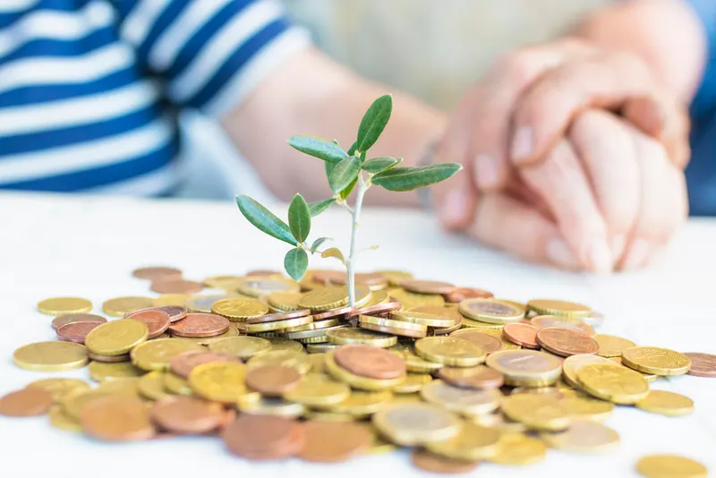 Pensioners' hands with money growing with a plant, savings and retirement