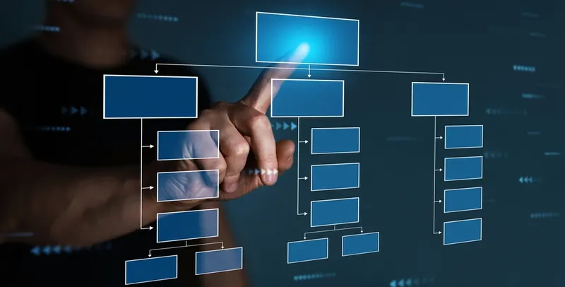Businessman,Pointing,Processing,Management.scheme,Of,Hierarchy,Management,Of,Corporate,And