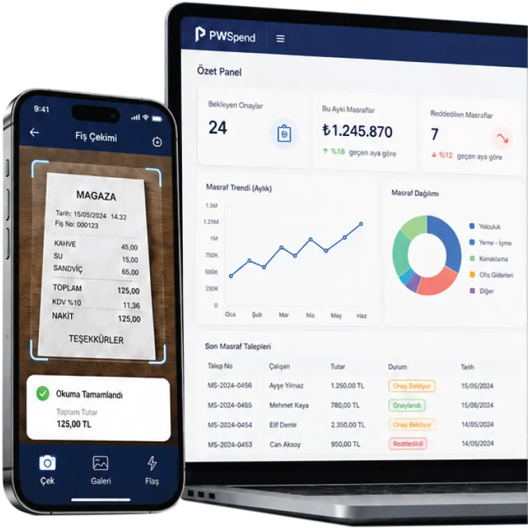 PWSpend mobile receipt reading screen and expense dashboard