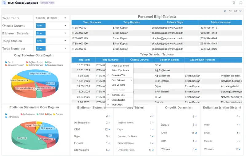 IT requests report: filters, charts and detail table