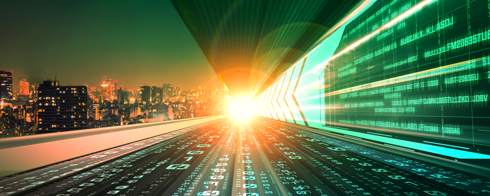 Digital data flow on road with motion blur to create vision of fast speed transfer