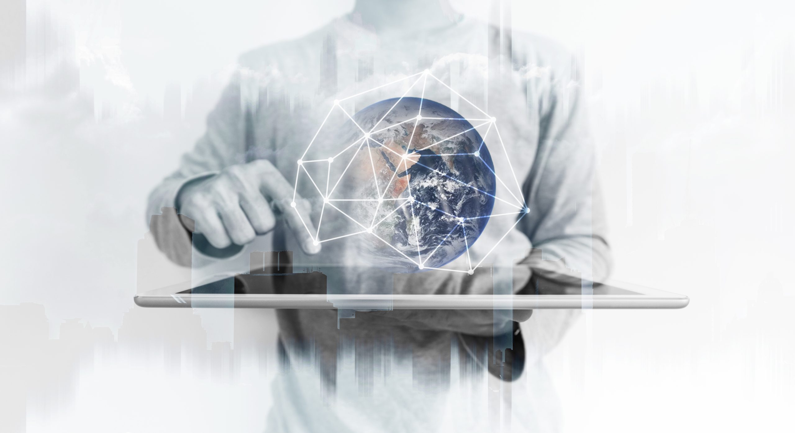 Man using digital tablet with global network connection technology hologram
