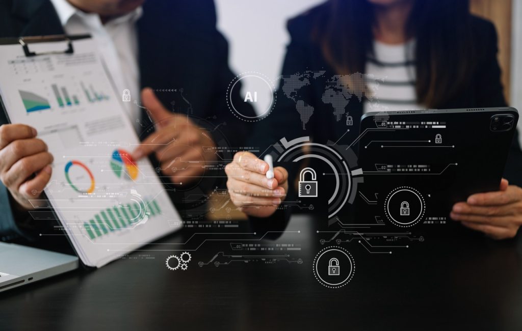 Network security. business using digital tablet and computer with digital padlock for data protection, internet technology networking and cyber security technology